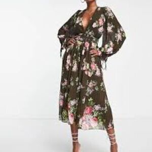 asos design fallen shoulder midi pencil dress with tie detail ASOS DESIGN Tall velvet fallen shoulder midi pencil dress with tie detail